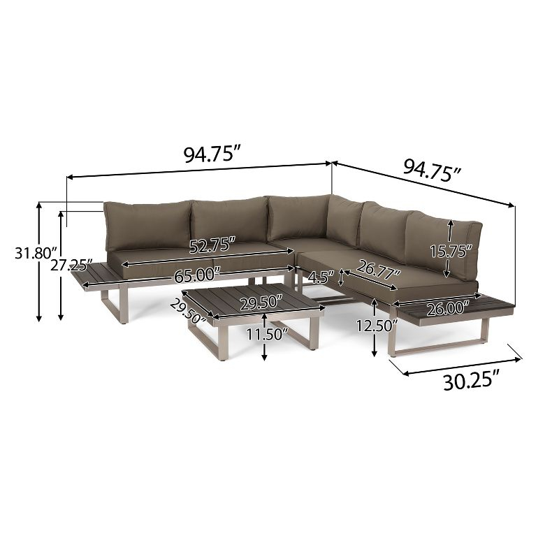 GDFStudio Johana Outdoor Aluminum V-Shaped 5 Seater Sofa Set with Cushions, Silver/Gray/Khaki