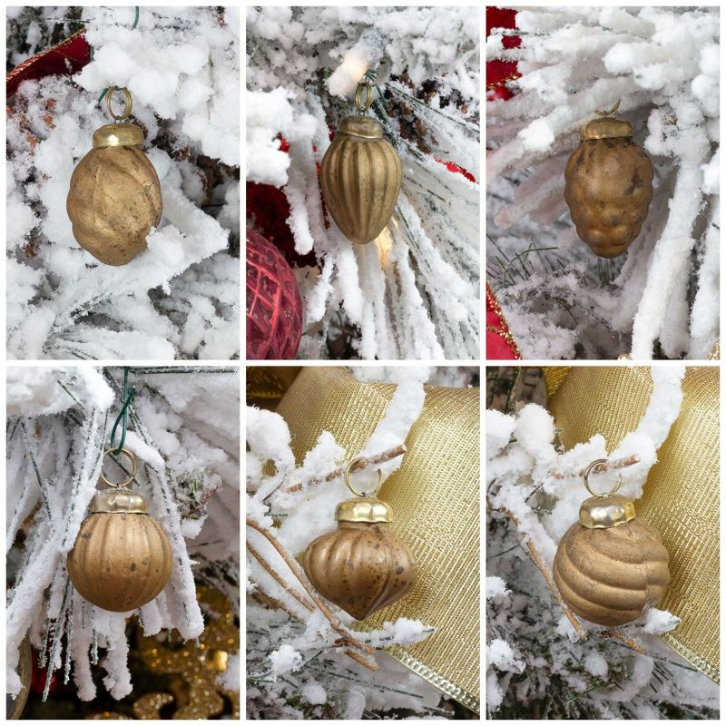 AuldHome Design Small Gold Glass Finial Ornaments, 12pc Set; Antiqued Retro Mercury Style Christmas Tree Decorations w/ Storage Bag