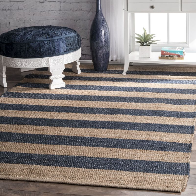 Nuloom Alisia Striped 5x8 Jute Indoor Area Rug for Dining Room Rug Neutral Rug Living Room Rug Kitchen, Denim/Tan