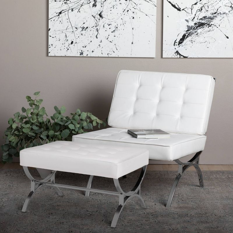 studio designs Newel Modern Square Ottoman Blended Leather and Chrome Metal Frame Chrome/Black: 18" High, Rectangular, Steel Base
