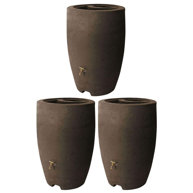 Algreen Athena 50 Gallon Plastic Outdoor Rain Barrel with Brass Spigot and Screen Guard for Rain Water Collection and Storage, Brownstone (3 Pack)