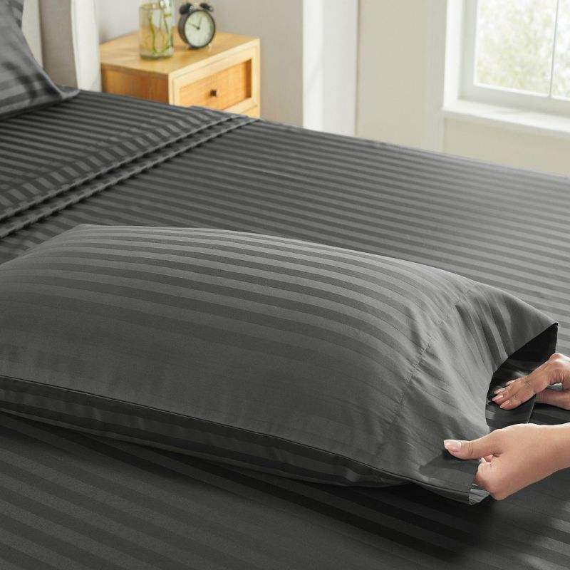 Luxury 500 Thread Count Pillowcase Set - 100% Cotton Sateen, Breathable by California Design Den - Dark Gray Striped, Standard/Queen Pillowcases