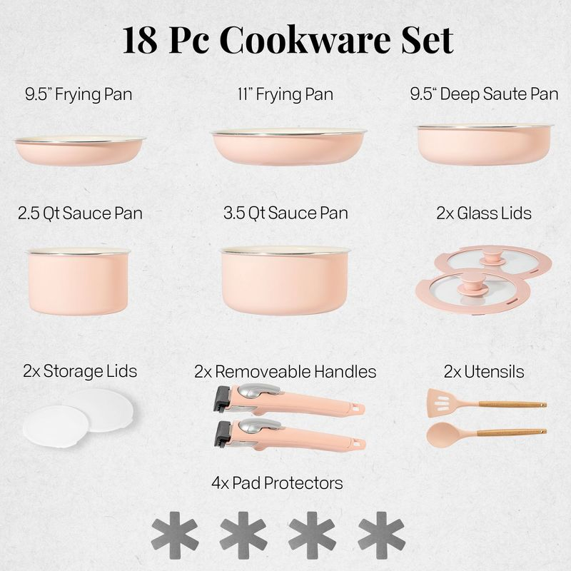 Gotham Steel Nonstick Pots and Pans 18 Piece Ceramic Induction Cookware Kitchen Set Detachable Handles Frying Skillet Pink