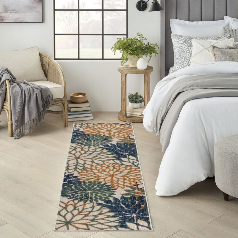 Nourison Aloha Floral Bloom Flatweave High-Low Indoor Outdoor Runner Rug Blue Green 2' x 6'
