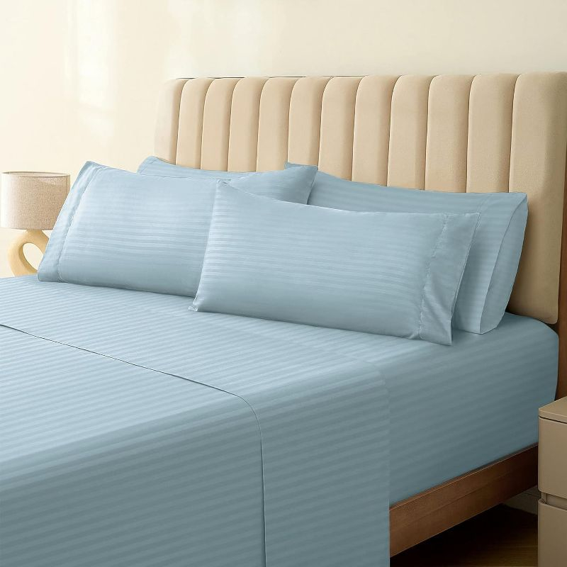 LuxClub 6 PC Light Blue King Microfiber Striped Performance Sheet Set, Soft Cooling Eco-Friendly Bed Sheets with 18in Deep Pockets