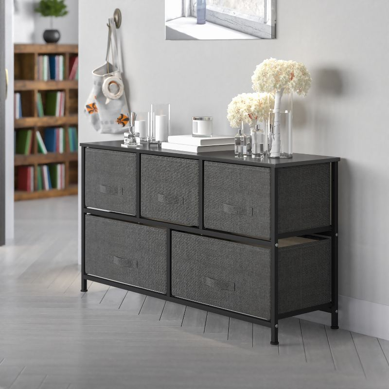 Flash Furniture 5 Drawer Wood Top Black Cast Iron Frame Vertical Storage Dresser with Dark Gray Easy Pull Fabric Drawers
