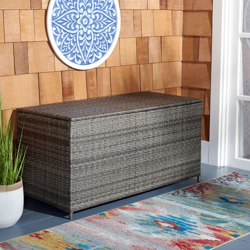 Oliveira Outdoor Cushion Deck Box - Grey Brown/White Cushion - Safavieh