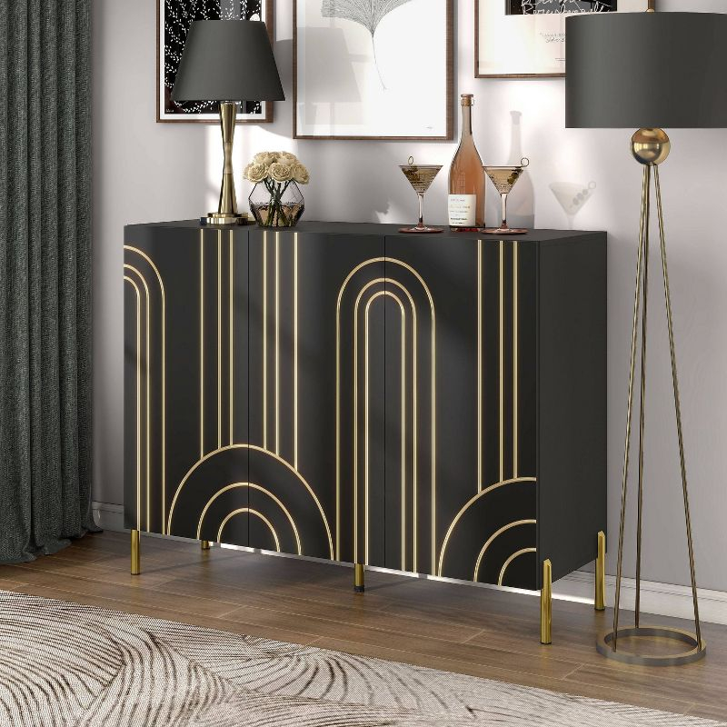 24/7 Shop At Home Touchsoft Glam 4 Shelf Sideboard Buffet with Adjustable Shelves Black: Modern Storage Credenza, Metal Frame