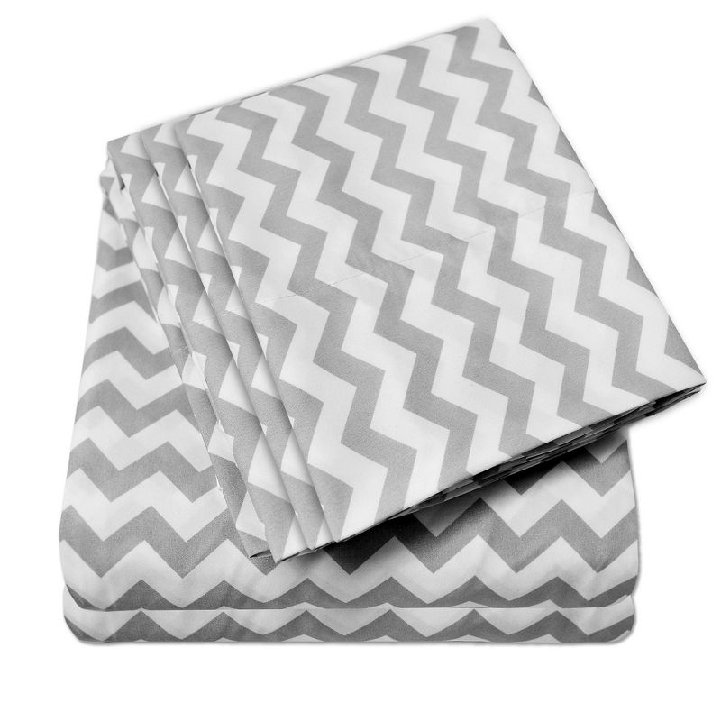 6 Piece Chevron Printed Gray Sheet Set, Deluxe Ultra Soft 1500 Series, Double Brushed Microfiber by Sweet Home Collection® - Queen