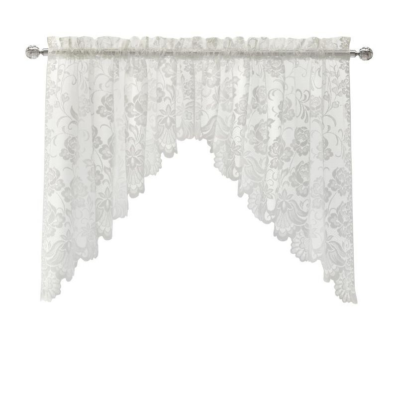 Habitat Limoges Sheer Rod Pocket Delicate Scalloped Bottom Hem Floral Lace Design Swag Valance Set 72" x 32" White