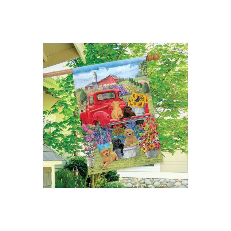 Spring Day Puppies House Flag Red Pickup Truck Floral 28" x 40" Briarwood Lane