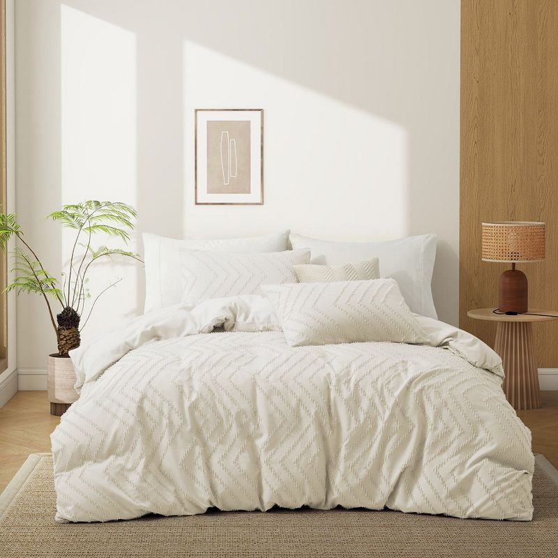 Peace Nest Tufted Microfiber Clipped Duvet Cover Set with Zipper Closure & Corner Ties, Cream, Full/Queen