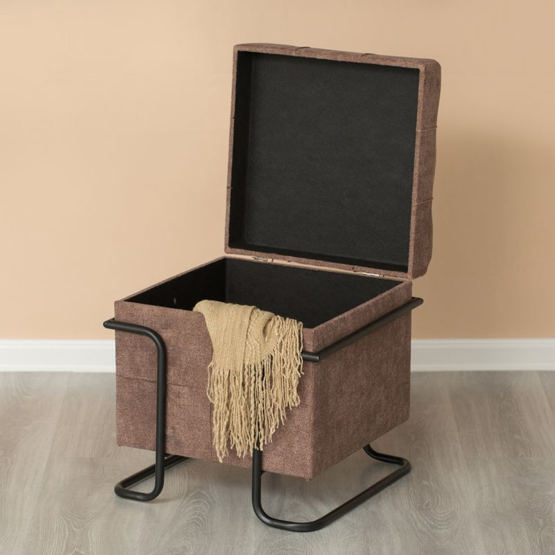 Fabulaxe Square Fabric Storage Ottoman with Black Metal Frame, Brown