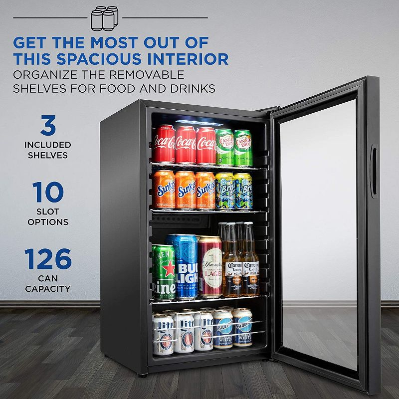 Ivation 126 Can Beverage Refrigerator, Freestanding Mini Fridge with Glass Door - Black
