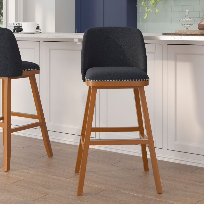 Flash Furniture 2 Pack Commercial Walnut Finish Wood Barstools with Nail Trim-Charcoal Faux Linen