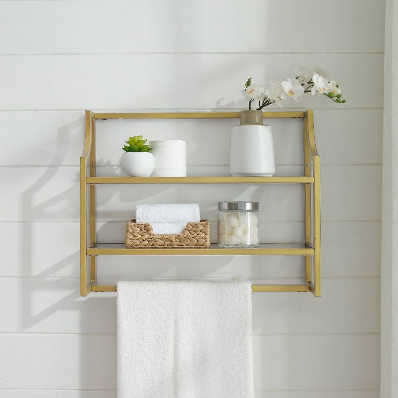 Crosley Aimee Wall Shelf Gold: Modern Luxury Storage with Tempered Glass, Steel Frame, Open Design