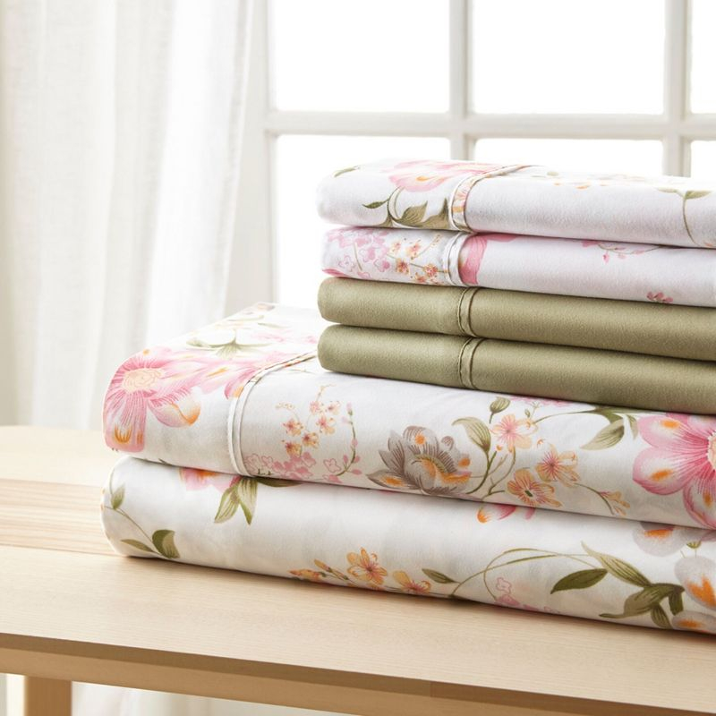 BrylaneHome 6-Pc Traditional Floral Sheet Set - Full, Pink Green Floral