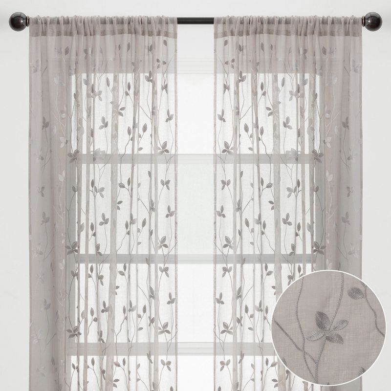 Chanasya 2pk Embroidered Vine Sheer Window Curtain Panels - Set of 2 - 52 x 96 Inches Long - Taupe