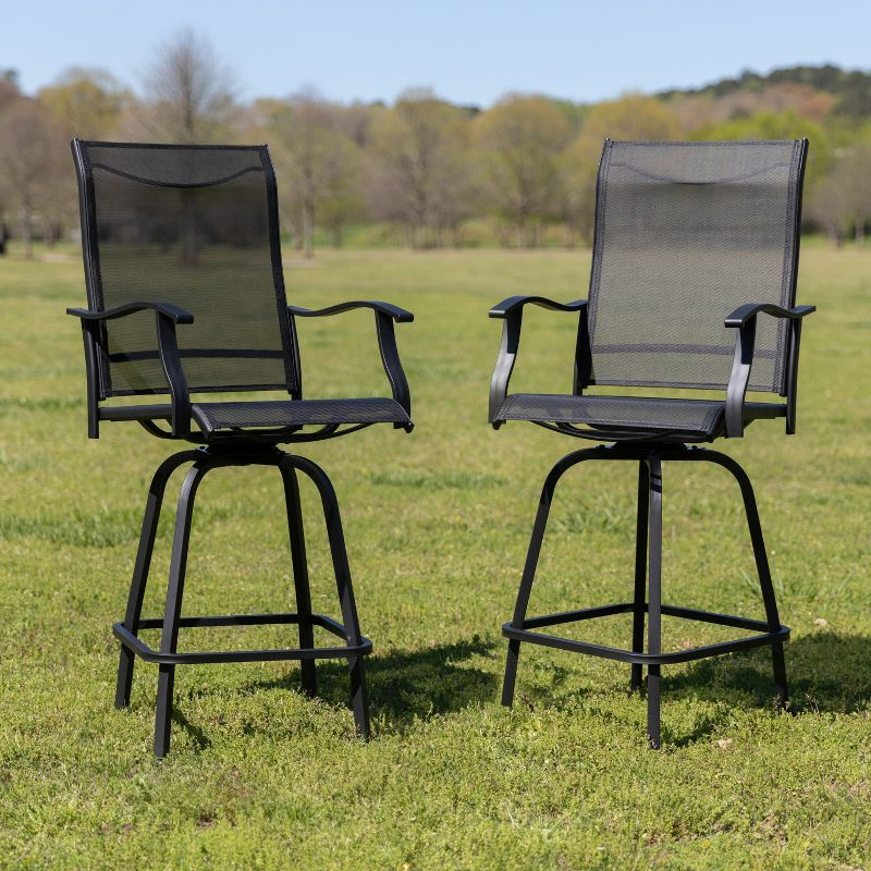 Flash Furniture Patio Bar Height Stools Set of 2, All-Weather Textilene Swivel Patio Stools and Deck Chairs with High Back & Armrests in Black