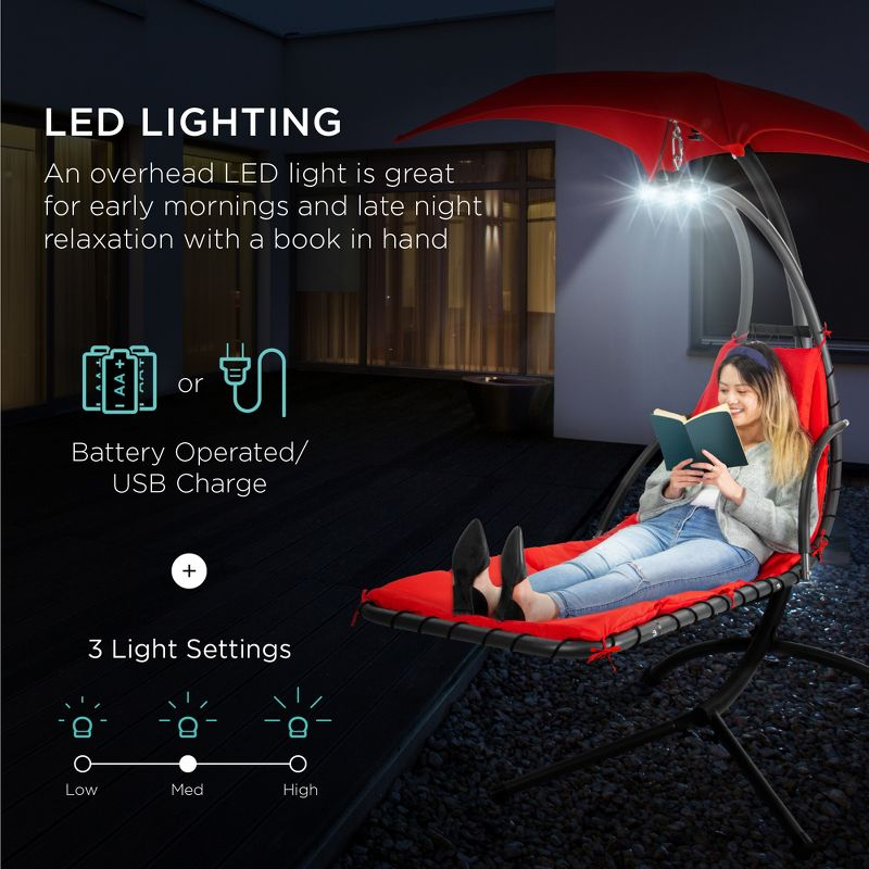 Best Choice Products Hanging LED-Lit Curved Chaise Lounge Chair for Backyard, Patio w/ Pillow, Canopy, Stand - Red