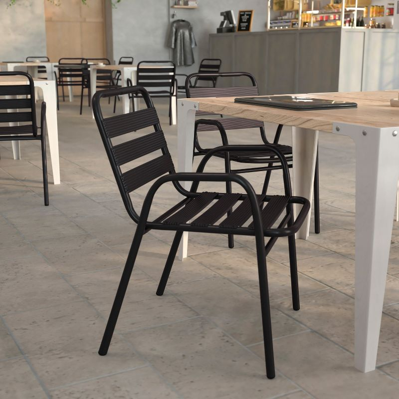 Flash Furniture Lila Commercial Black Metal Indoor-Outdoor Restaurant Stack Chair with Metal Triple Slat Back and Arms