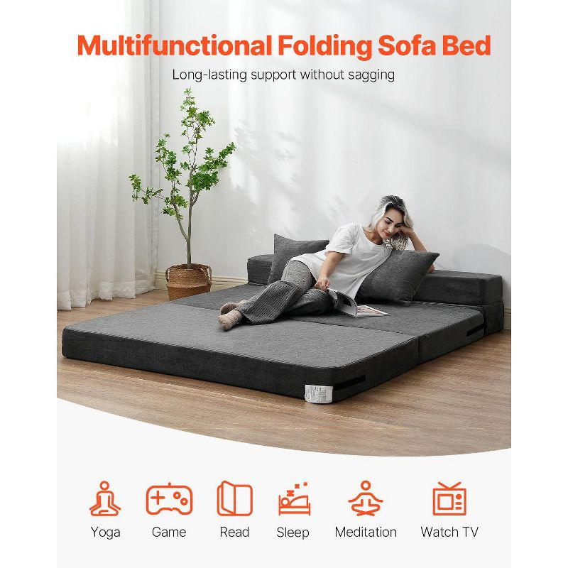 VEVOR Folding Sofa Bed, 3-in-1 Foldable Couch Bed with 2 Pillows and Washable Cover, 25D High Density Memory Foam Sleeper Chair Bed, Dark Grey(Queen)