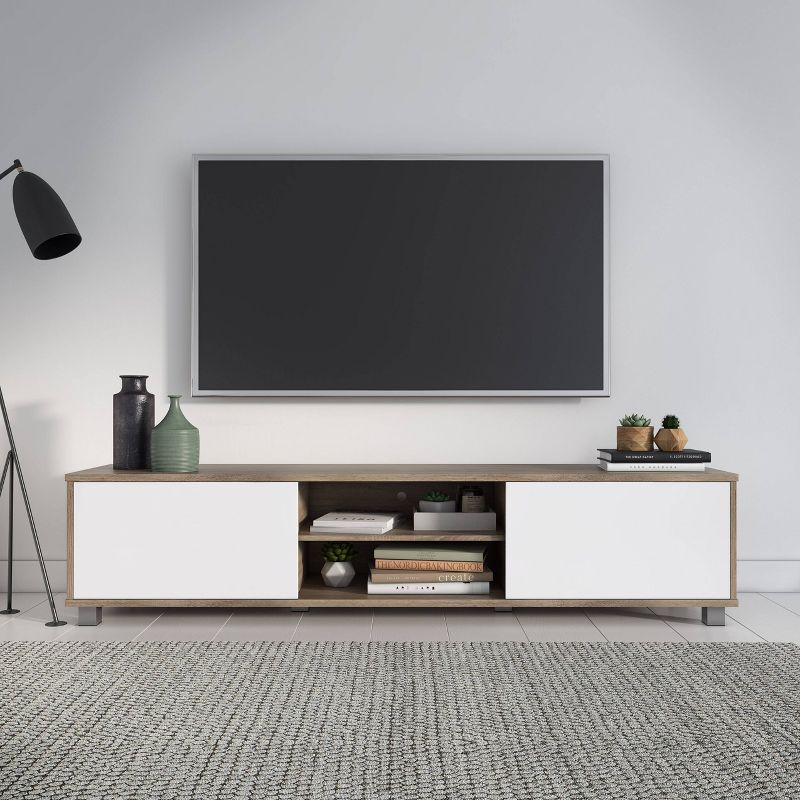 Hollywood TV Stand for TVs up to 85" with Doors Wood Grain White/Brown - CorLiving: Modern Media Console, Laminated MDF