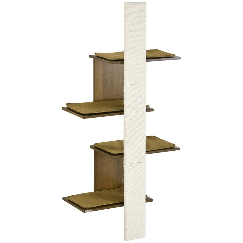 PawHut Wall-Mounted Cat Tree with Scratching Post & Soft Cushions, Modern Cat Tree with Cat Shelves, Wooden Cat Tower Kitty Playground