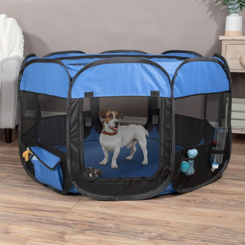Pet Adobe Portable Pop-Up Octagon Pet Playpen - Blue/Black