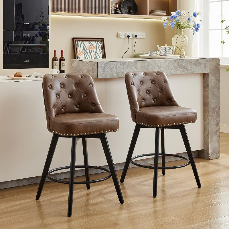 Counter Bar Stools Set of 2, Modern Swivel Bar Stools with Back and Wood Legs, 26" H Upholstered Bar Chair for Kitchen Island Home Bar, Leather Brown