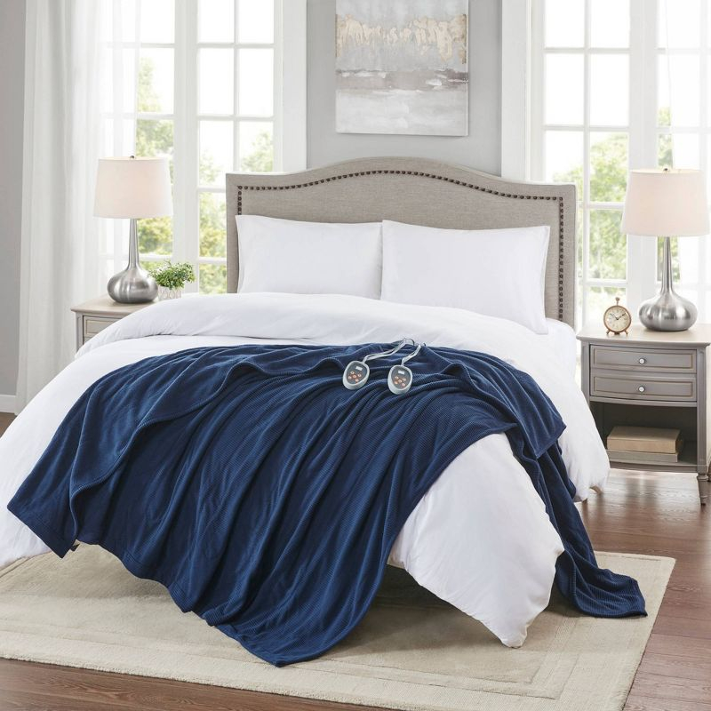 King Knitted Electric Heated Micro Fleece Bed Blanket Navy - Beautyrest: 5-Year Warranty, Machine Washable, STANDARD 100 by OEKO-TEX