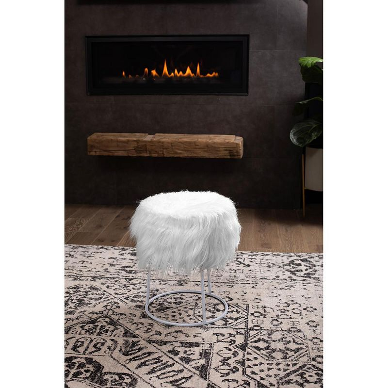 BirdRock Home Round White Faux Fur Foot Stool Storage Ottoman with Silver Legs