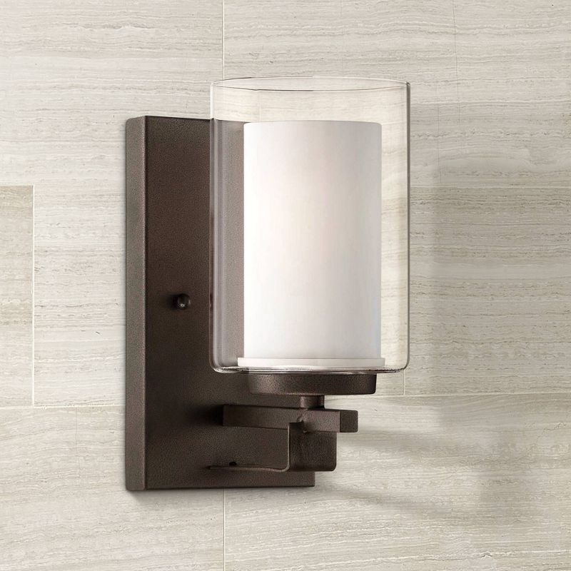 Minka Lavery Industrial Wall Light Sconce Smoked Iron Hardwired 4 1/2" Fixture Clear Outer Etched White Inner Shade for Bedroom