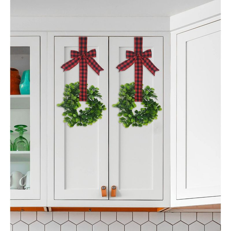 KOVOT Set of 4 Hanging Wreaths with Plaid Ribbon Bow. Christmas Decoration for Cabinets, Behind Chairs, Doors, Railings & Windows - Black & Red