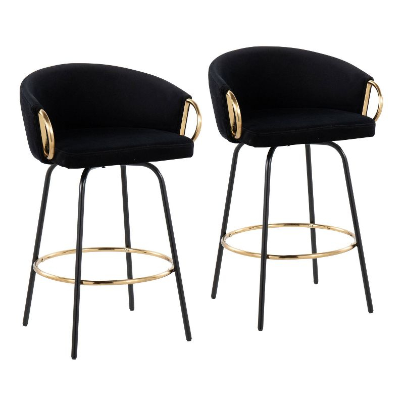 Set of 2 Claire Upholstered Counter Height Barstools Black/Gold Accents - LumiSource: Velvet, Swivel, Steel Legs