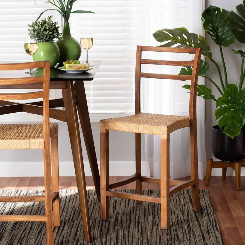 Arthur Wood and Rattan Counter Height Barstool Natural/Walnut - bali & pari: Bohemian Style, No Assembly Required