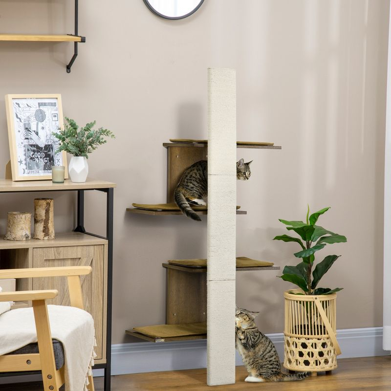 PawHut Wall-Mounted Cat Tree with Scratching Post & Soft Cushions, Modern Cat Tree with Cat Shelves, Wooden Cat Tower Kitty Playground