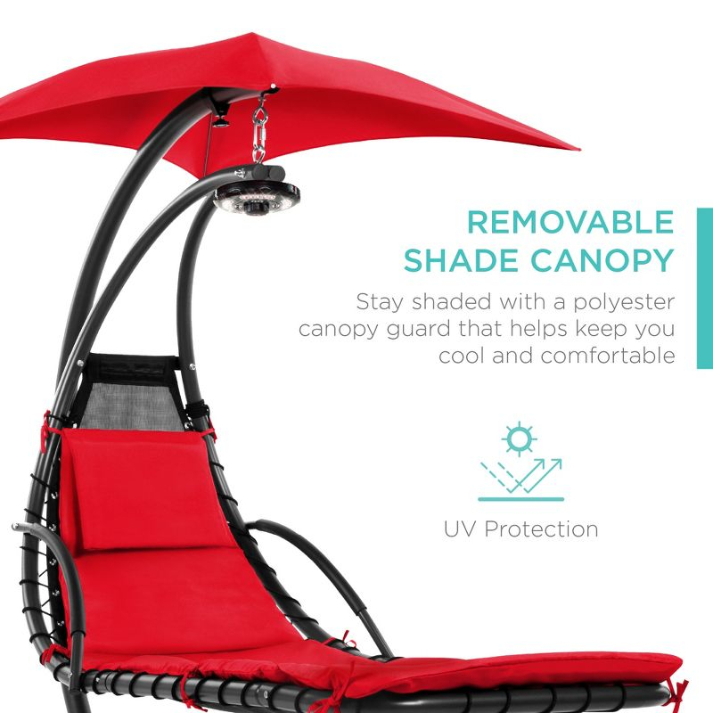 Best Choice Products Hanging LED-Lit Curved Chaise Lounge Chair for Backyard, Patio w/ Pillow, Canopy, Stand - Red