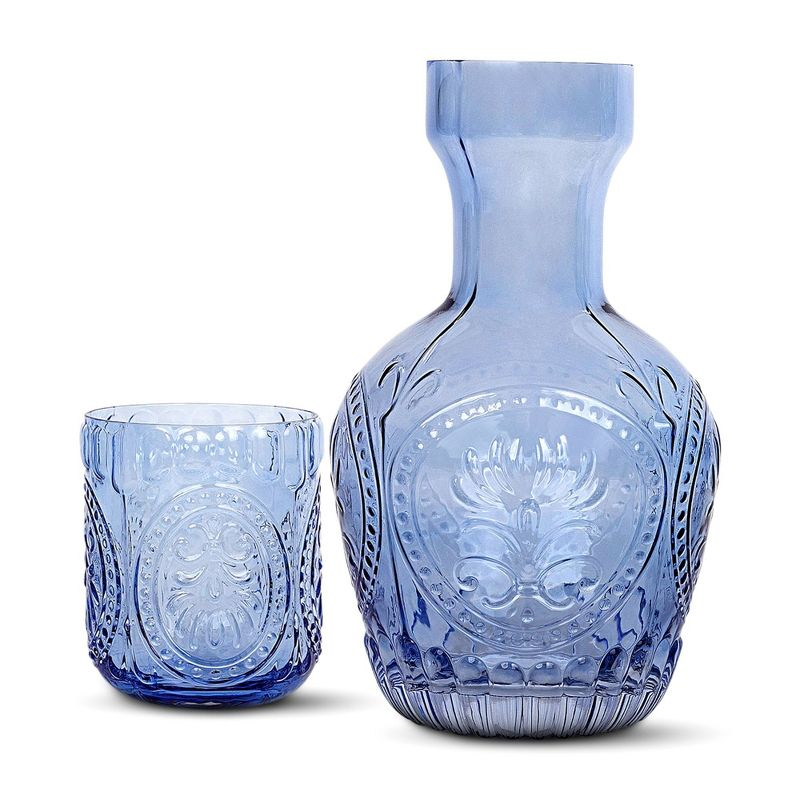 Elle Decor 2-Piece Carafe Set, Bedside Night Water Carafe, Glass Pitcher and Cup that Doubles as a Lid, Perfect for Desktop/Shelf (Blue)