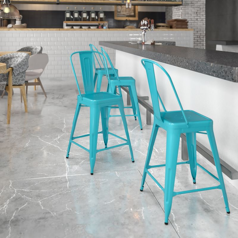 Emma and Oliver Commercial Grade 24"H Teal-Blue Metal Indoor-Outdoor Counter Stool w/ Back