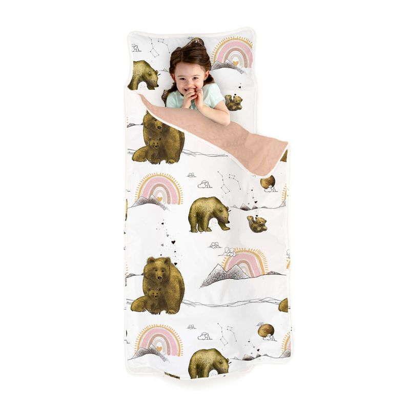 Extra Long Toddler Nap Mat - Sleeping Bag for Kids with Removable Pillow and Ultra Soft Blanket for Preschool, Daycare, and Sleepovers - Rainbow Bears