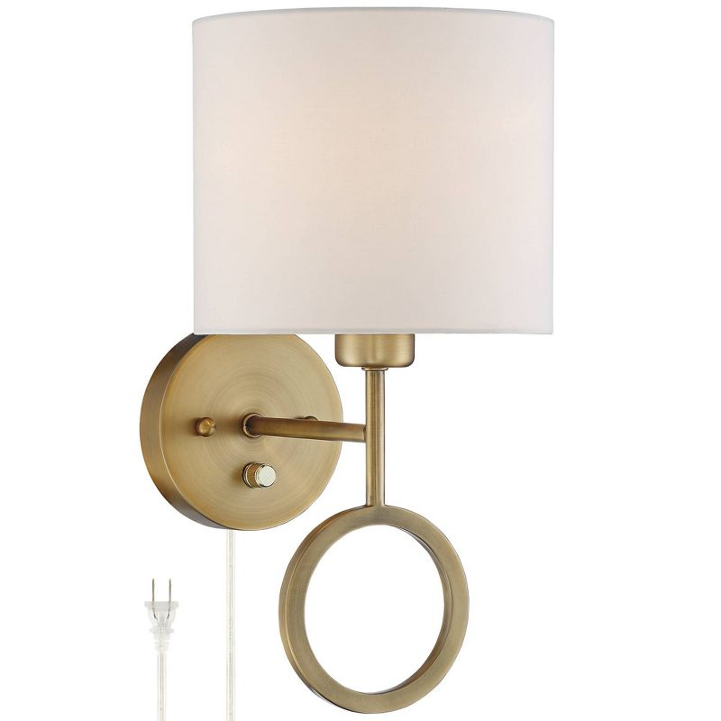 360 Lighting Amidon Modern Wall Lamp Warm Brass Metal Plug-in 8" Light Fixture White Fabric Drum Shade for Bedroom Reading Living Room House Home