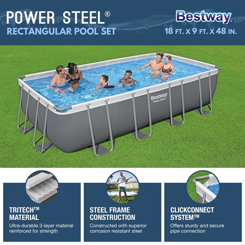 Bestway Power Steel 18' x 9' x 48" Rectangular Metal Frame Above Ground Swimming Pool Set with 1,500 GPH Filter Pump, Ladder, and Pool Cover