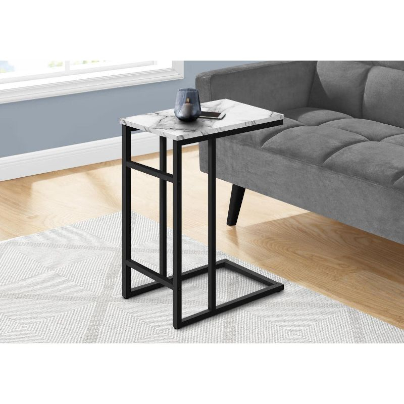 Monarch Specialties Accent Table, C-shaped, End, Side, Snack, Living Room, Bedroom, White Marble Look Laminate, Black Metal, Contemporary, Modern