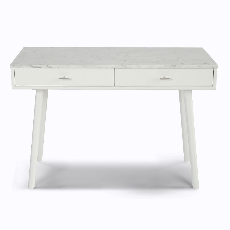 The Bianco Collection Viola 44" Rectangular Italian Carrara White Marble Writing Desk with White Legs