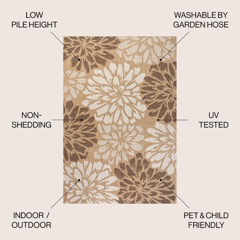 5' x 5' Zinnia Modern Floral Textured Weave Indoor/Outdoor Area Rug, Brown/Cream - JONATHAN Y