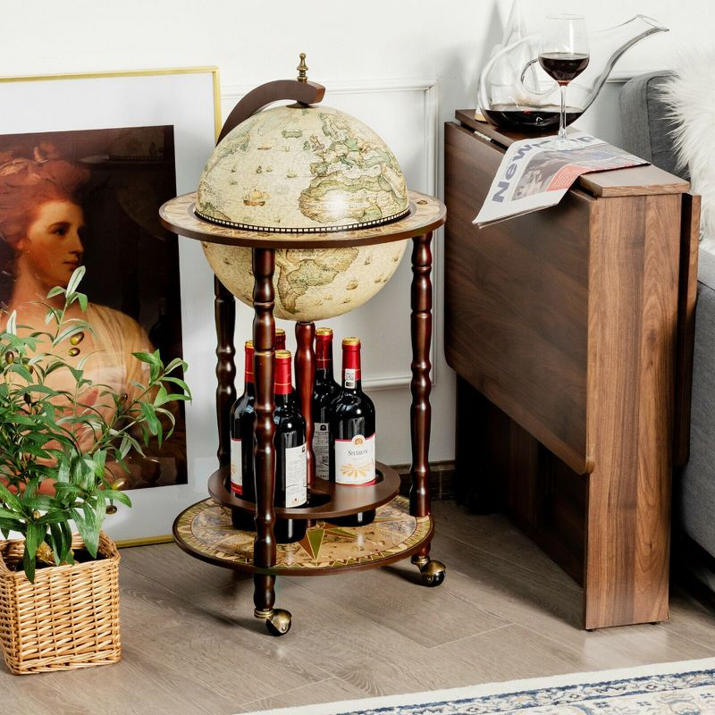 Tangkula 17" Wood Globe Wine Bar Stand 16th Century Italian Rack Liquor Bottle Shelf Cart