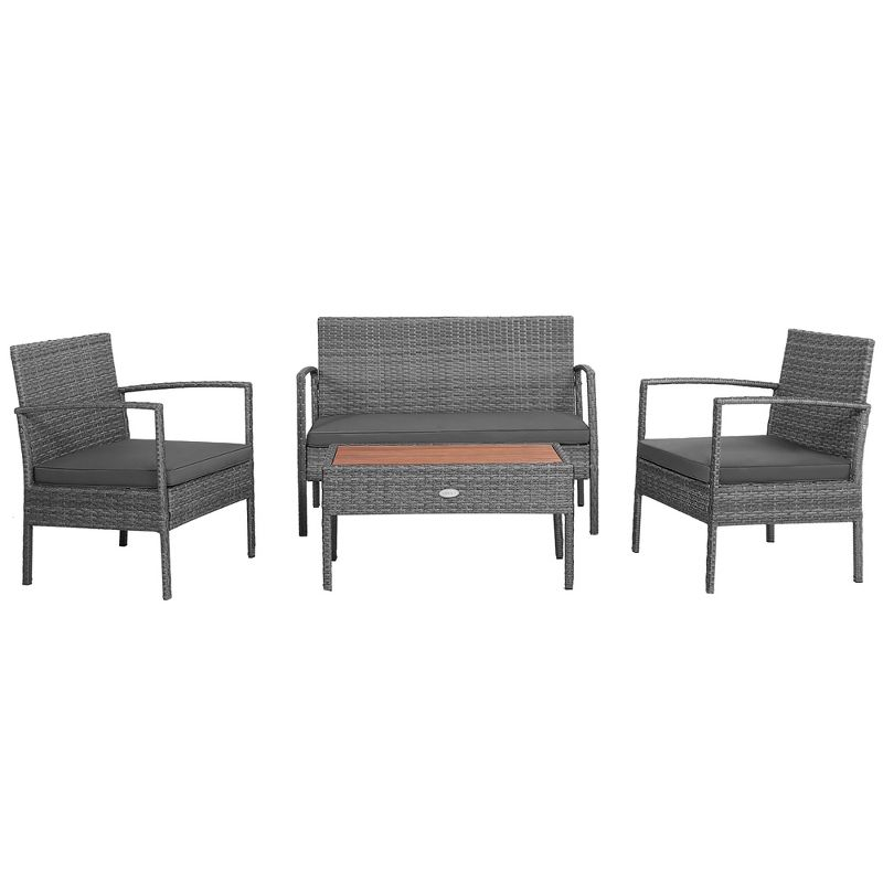 Costway 4PCS Patio Rattan Furniture Set Cushioned Chair Wooden Tabletop Gray