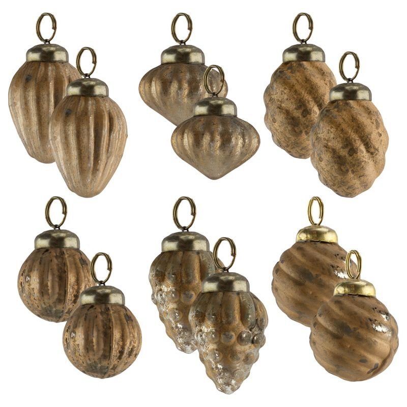 AuldHome Design Small Gold Glass Finial Ornaments, 12pc Set; Antiqued Retro Mercury Style Christmas Tree Decorations w/ Storage Bag