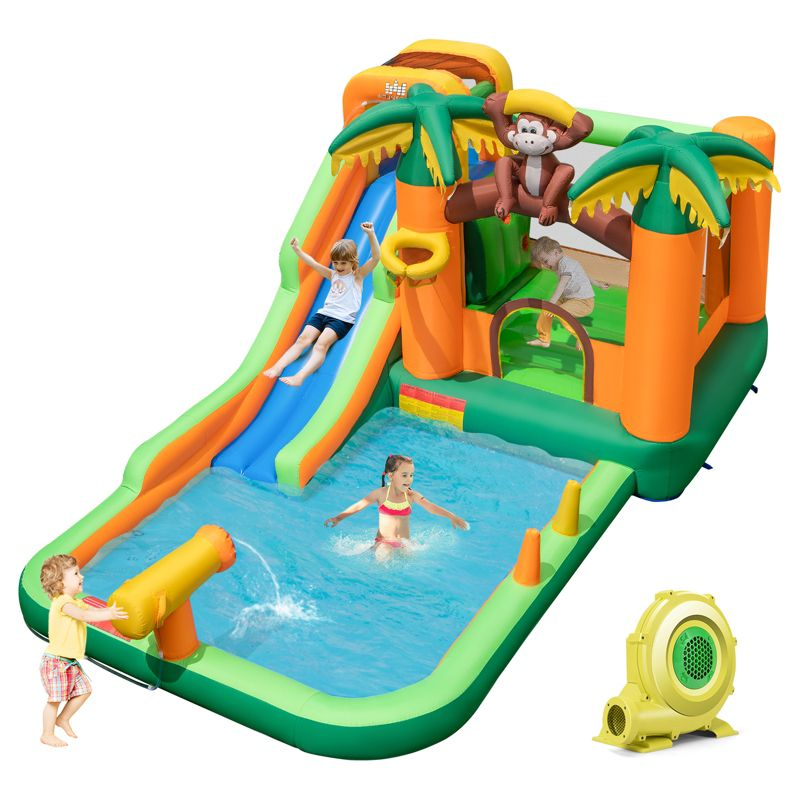 Costway Inflatable Water Slide Park Monkey Bounce House Splash Pool with 735W Blower